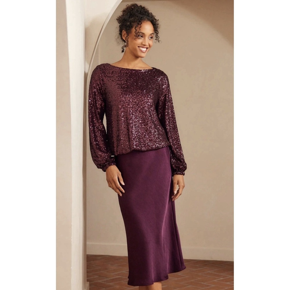 Karen Kane Sequin Boat Neck Top Eggplant